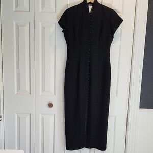 Jones New York Elegant Black Mandarin Collar Midi Dress Cap Sleeves Size 8